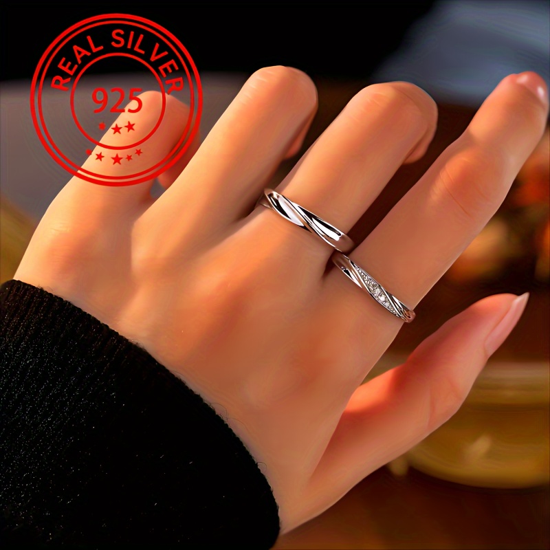 2pcs S925 Pure Silvery Wedding Ring with Synthetic Zirconia